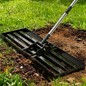 Yumatum lawn leveling rake used to smooth uneven ground for a finer lawn