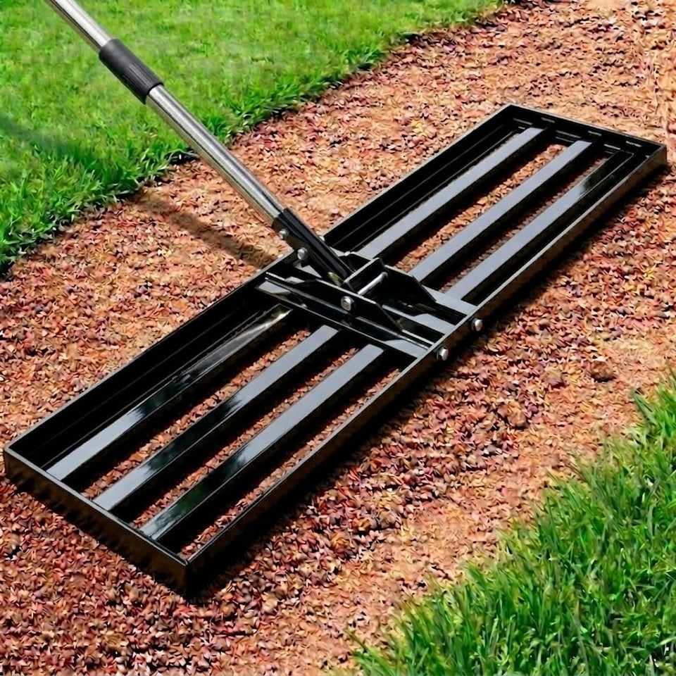 Yumatum lawn leveling rake overview showing durable steel construction for quick leveling.