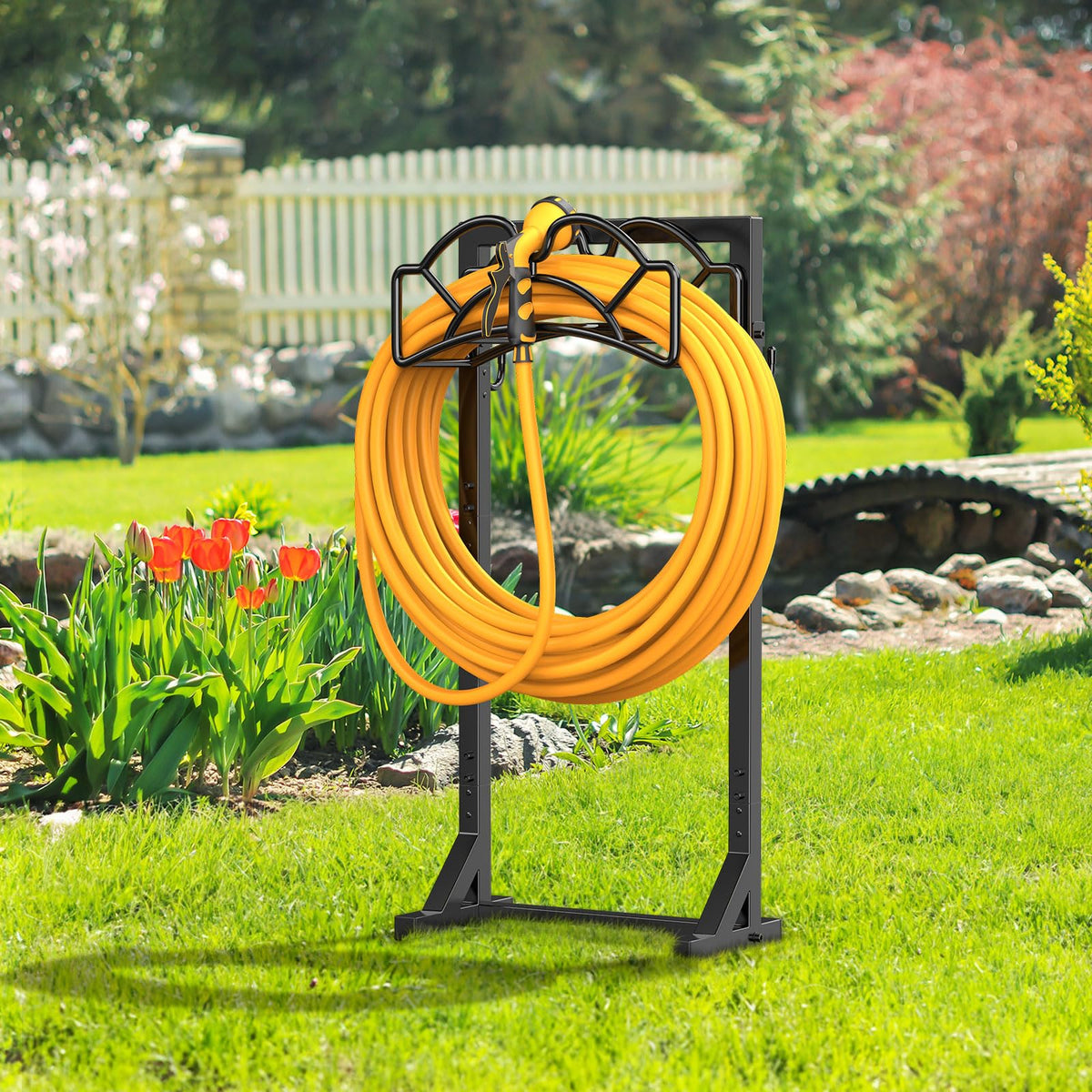Yumatum hose reel offers convenient organization for large irrigation setups.