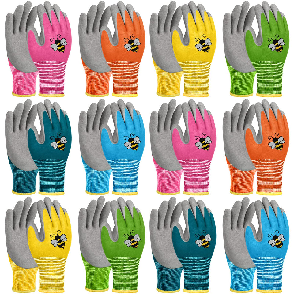 Yumoin kids gloves in pink with a bee pattern for playful garden tasks