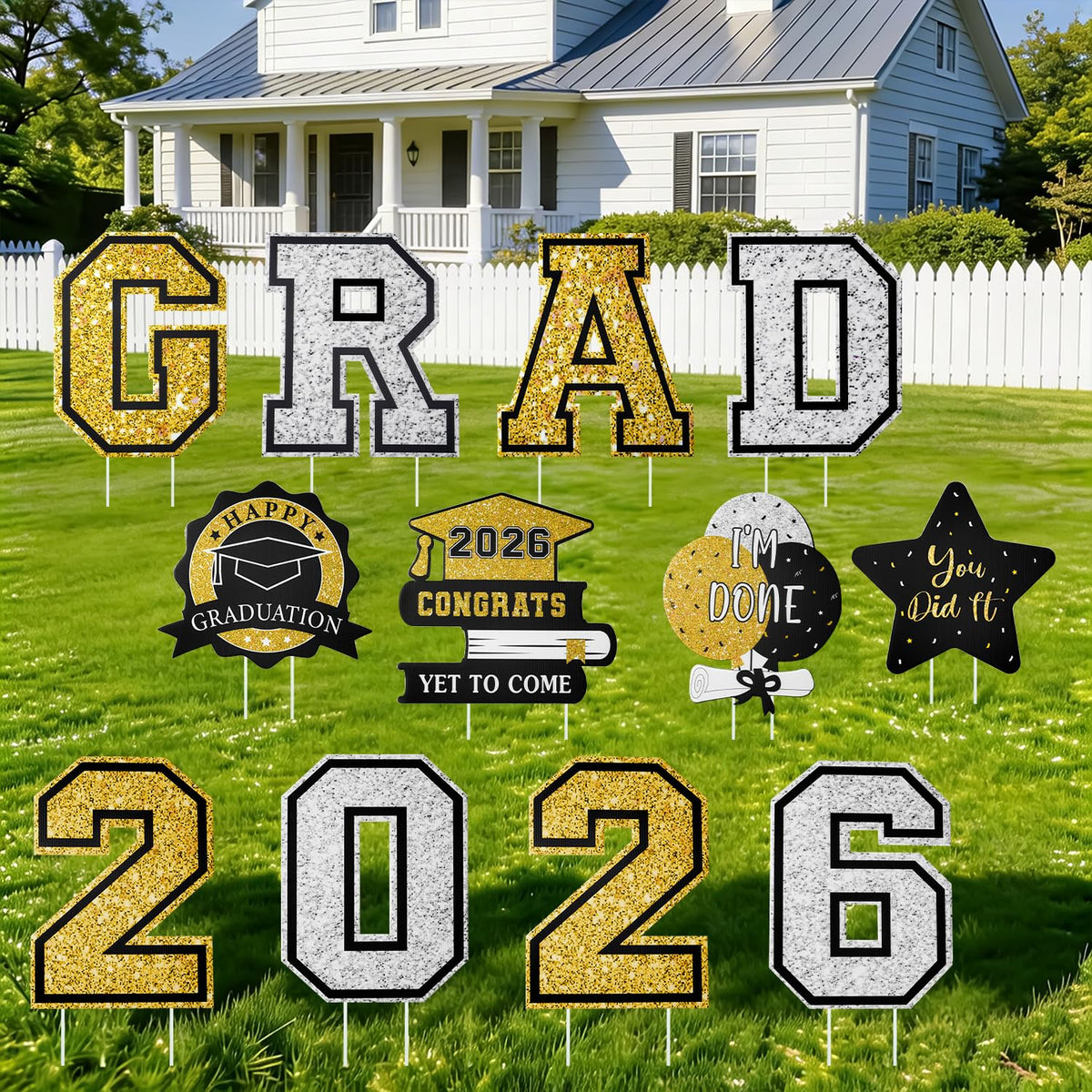 Yunfan Graduation Yard Sign Class of 2026 with 24 stakes for sturdy outdoor display.