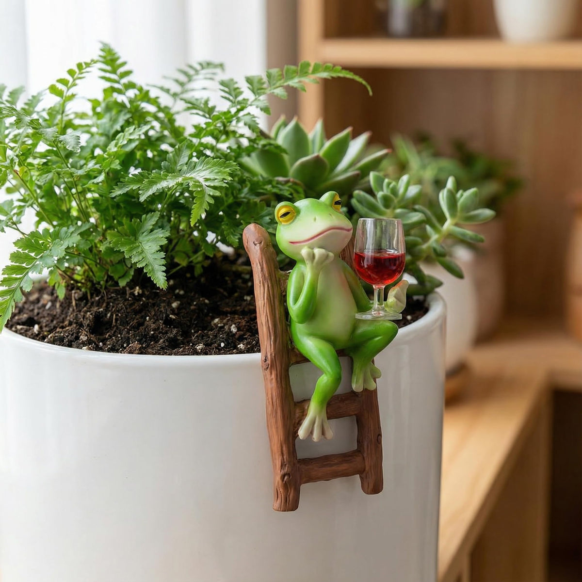Yungeln indoor shelf display frog figurines blend with plants and desks