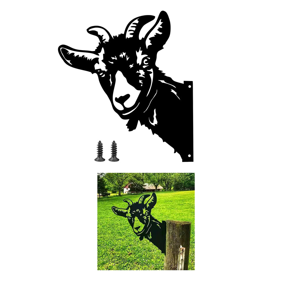 Yungeln Peeping Goat Metal Art front view for outdoor garden decor.