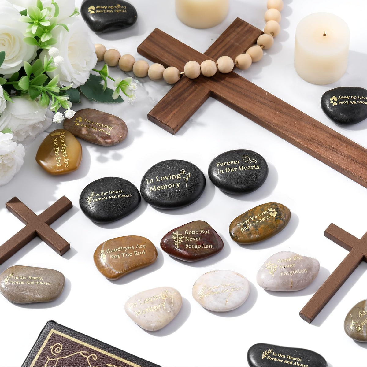 Yuntau home altar memorial stones create a solemn remembrance centerpiece.