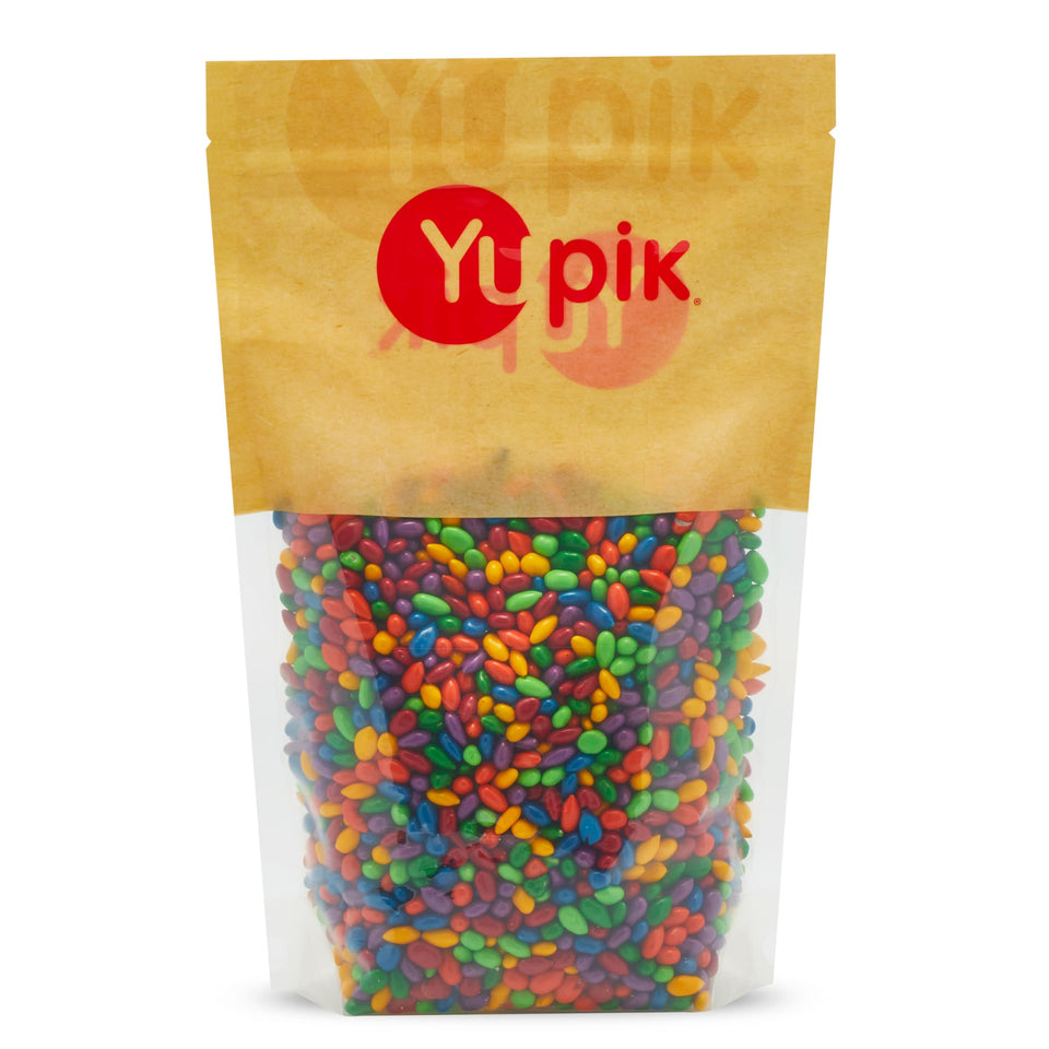 Yupik Kimmie Sunbursts colorfully coated sunflower seeds for festive snacking.