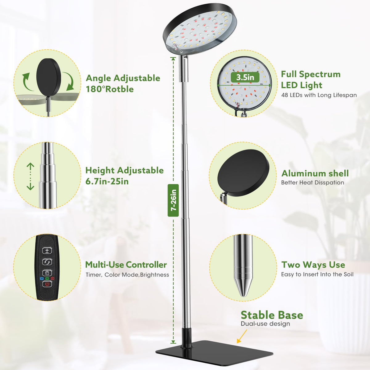 YUYMIKA full-spectrum 48 LEDs imitate natural sunlight for lush growth.