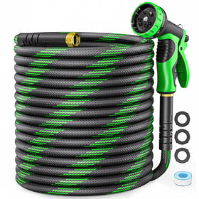YWGGS non-expandable garden hose 50ft in action for precise watering around beds.