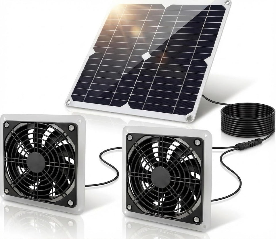 ywmvcm 25W solar panel on roof powering quiet cooling