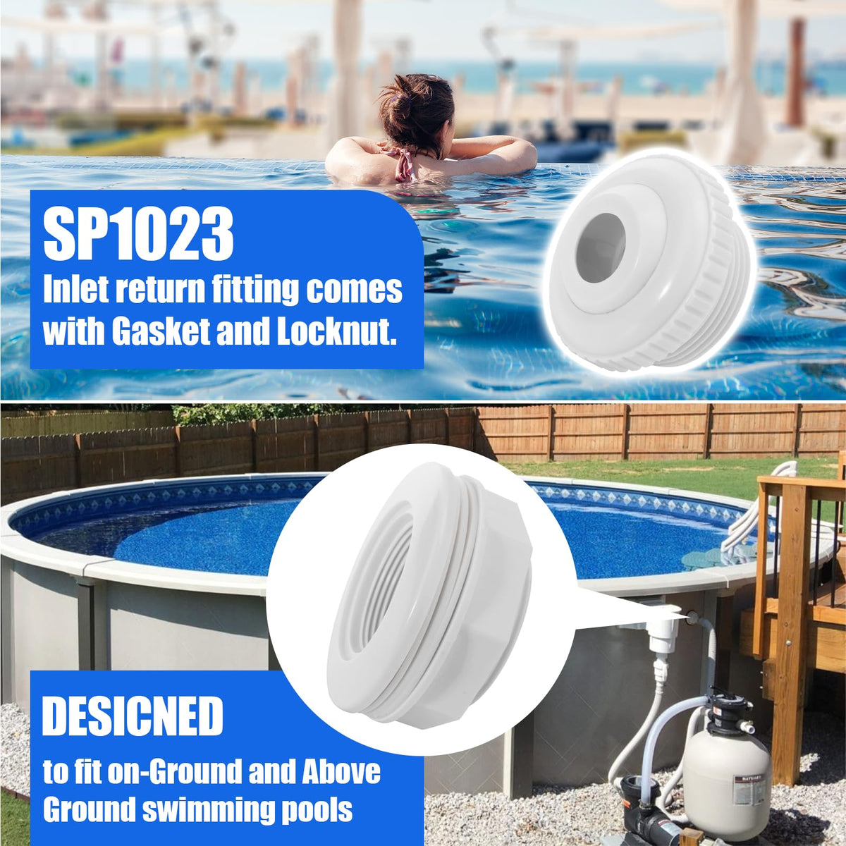 YWOOW fitting compatible with both above-ground and on-ground pool setups