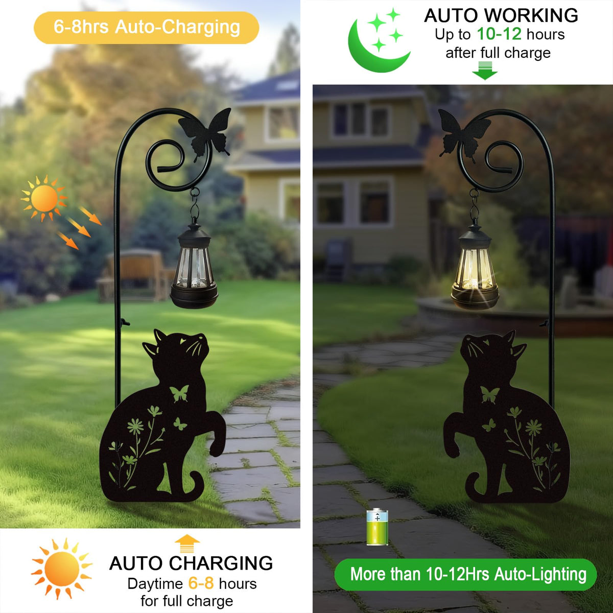 YY Gardenia cat lawn ornament silhouette adds charm to garden decor after dusk.