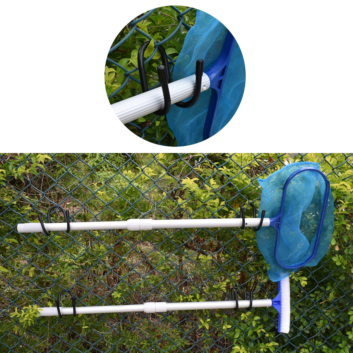YYST hangers fitting poles, brushes, nets along chain link fence.