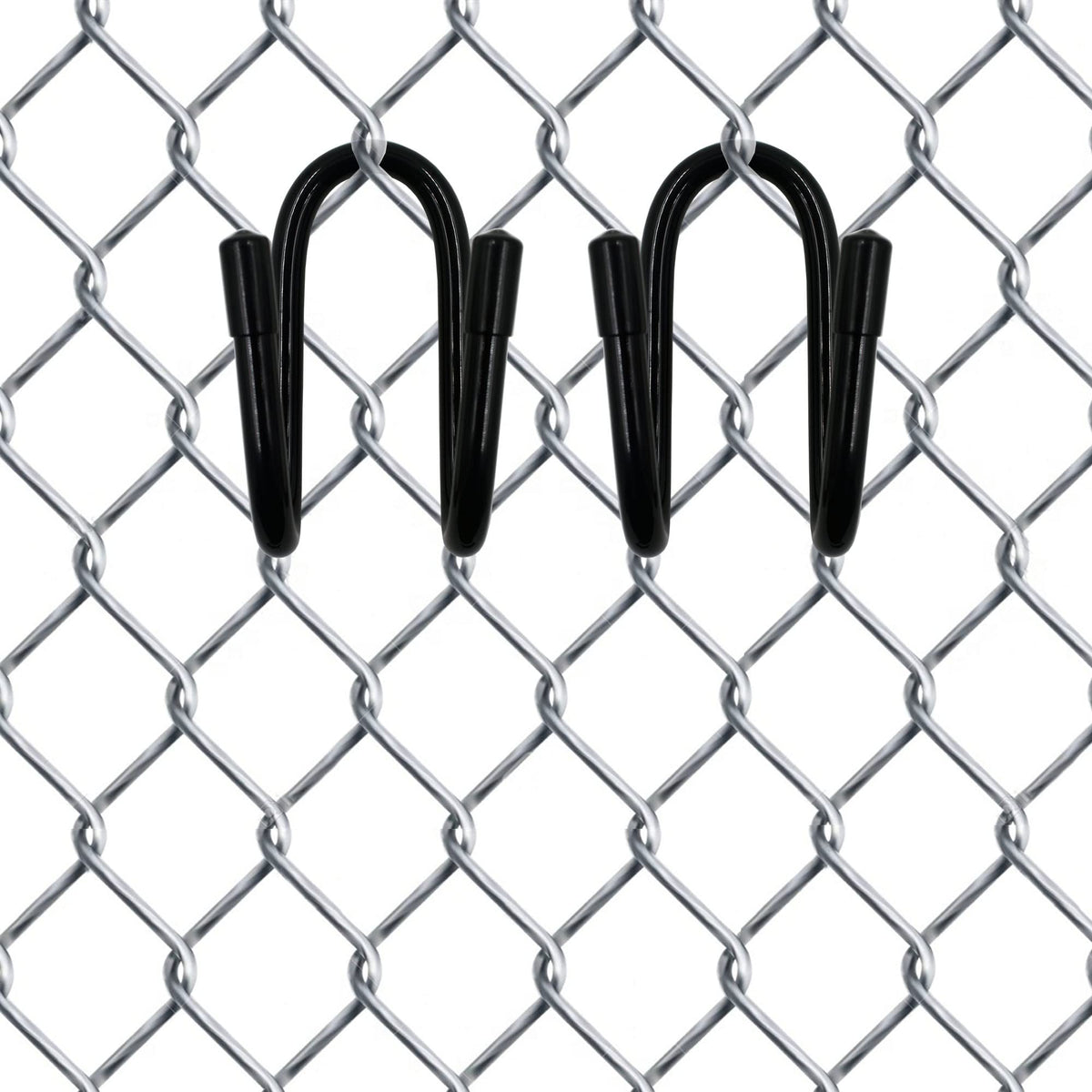 YYST chain-link hangers organize pool tools along the fence line.