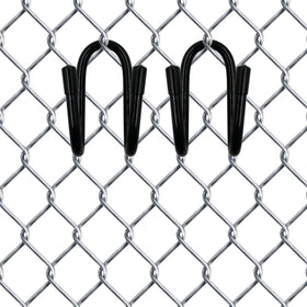 YYST chain-link hangers organize pool tools along the fence line.