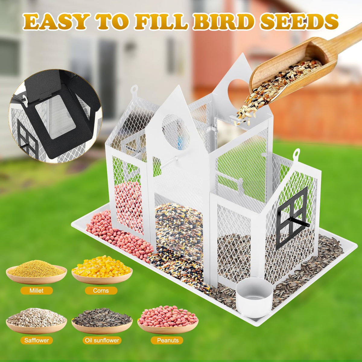 YYWMWM solar bird feeder dual-compartments enables selective feeding and reduces bird conflicts.
