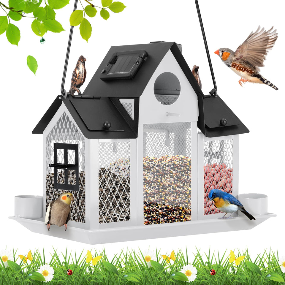 YYWMWM solar bird feeder front view highlights sturdy metal build for year-round backyard visiting birds.