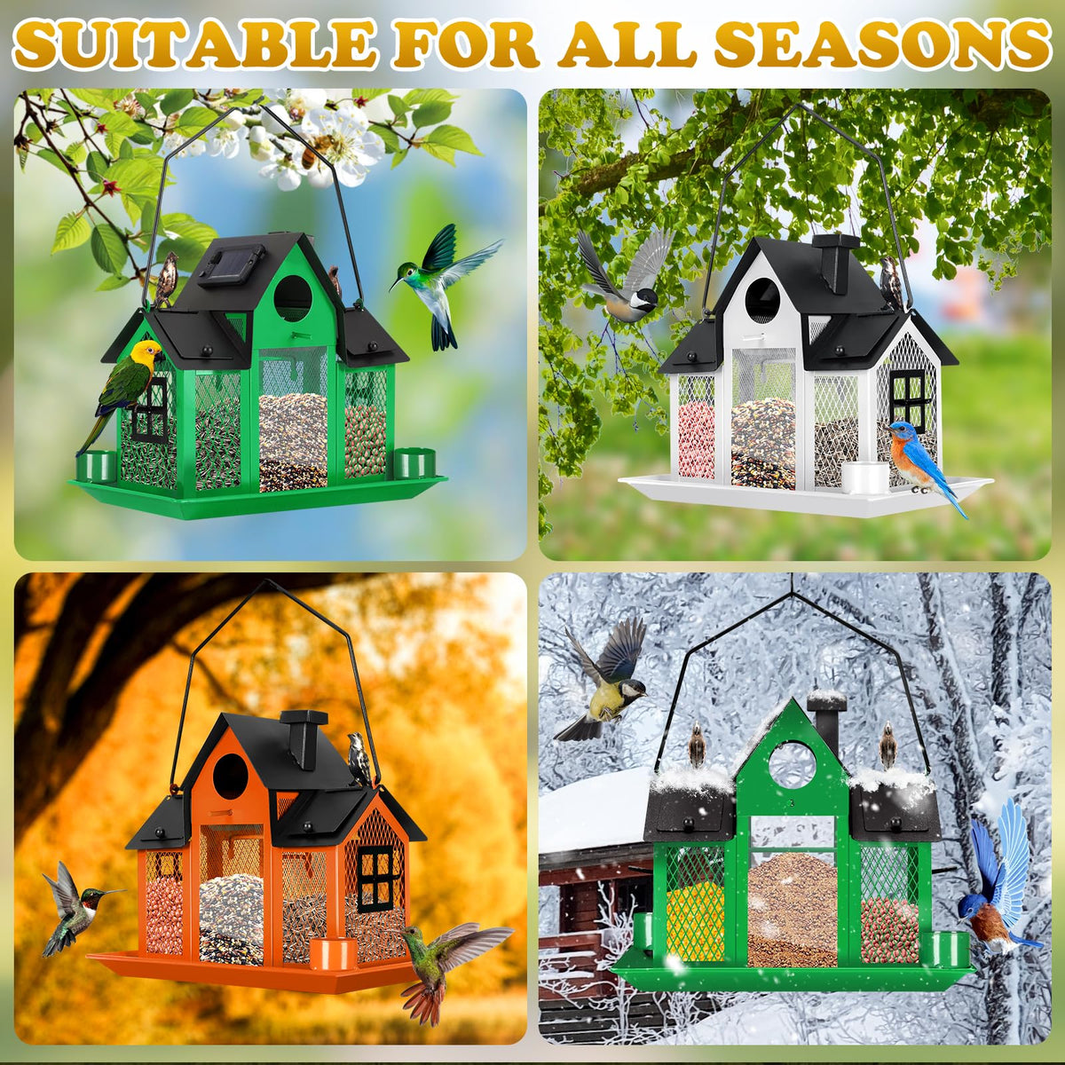 YYWMWM solar bird feeder garden-setup shows birds attracted to a tidy, solar-powered feeding station.