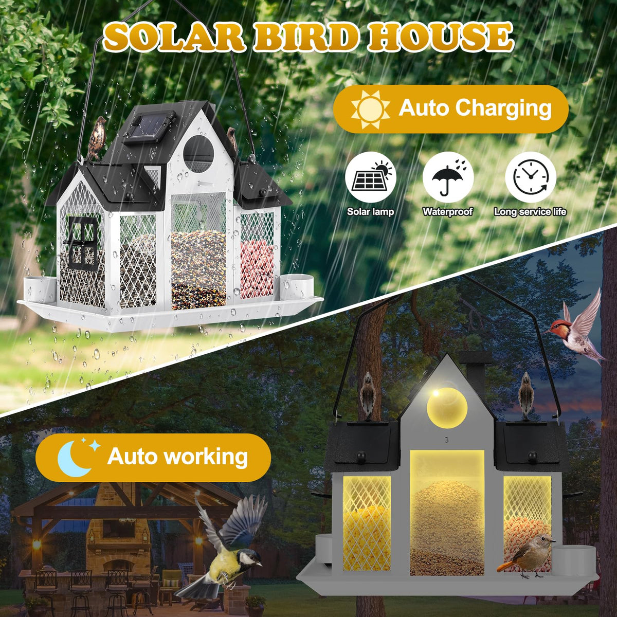 YYWMWM solar bird feeder metal-construction underscores durability and squirrel resistance in all weather.