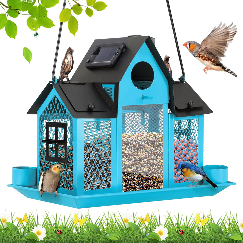 YYWMWM solar bird feeder in blue outdoors for daytime feeding and night garden lighting.
