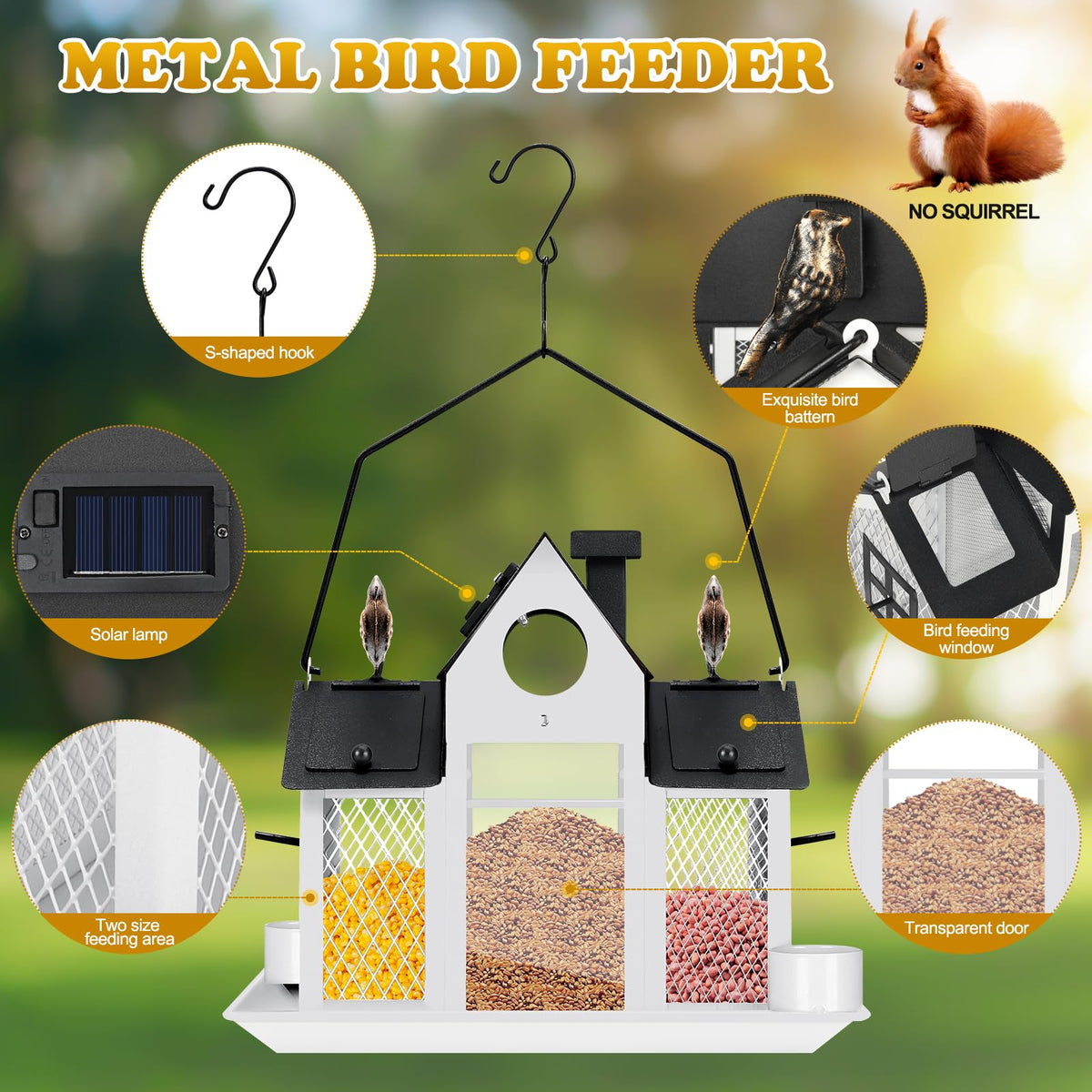 YYWMWM solar bird feeder solar-light-on demonstrates ambient lighting for evening garden ambiance.