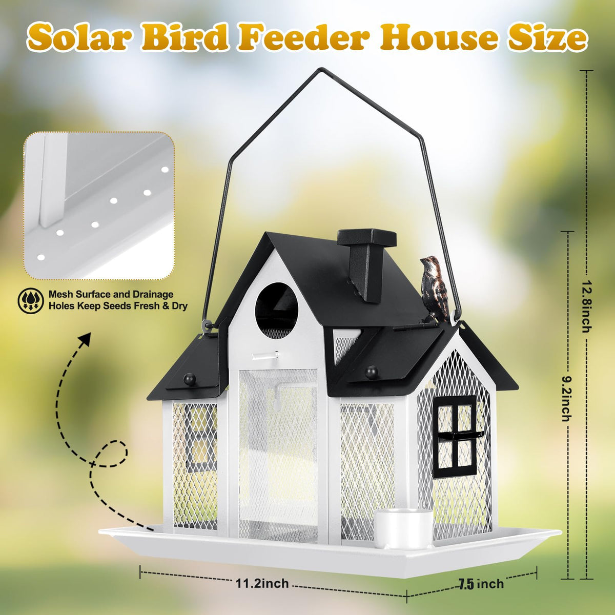 YYWMWM solar bird feeder top-fill-opening shows easy seed refills and quick maintenance.