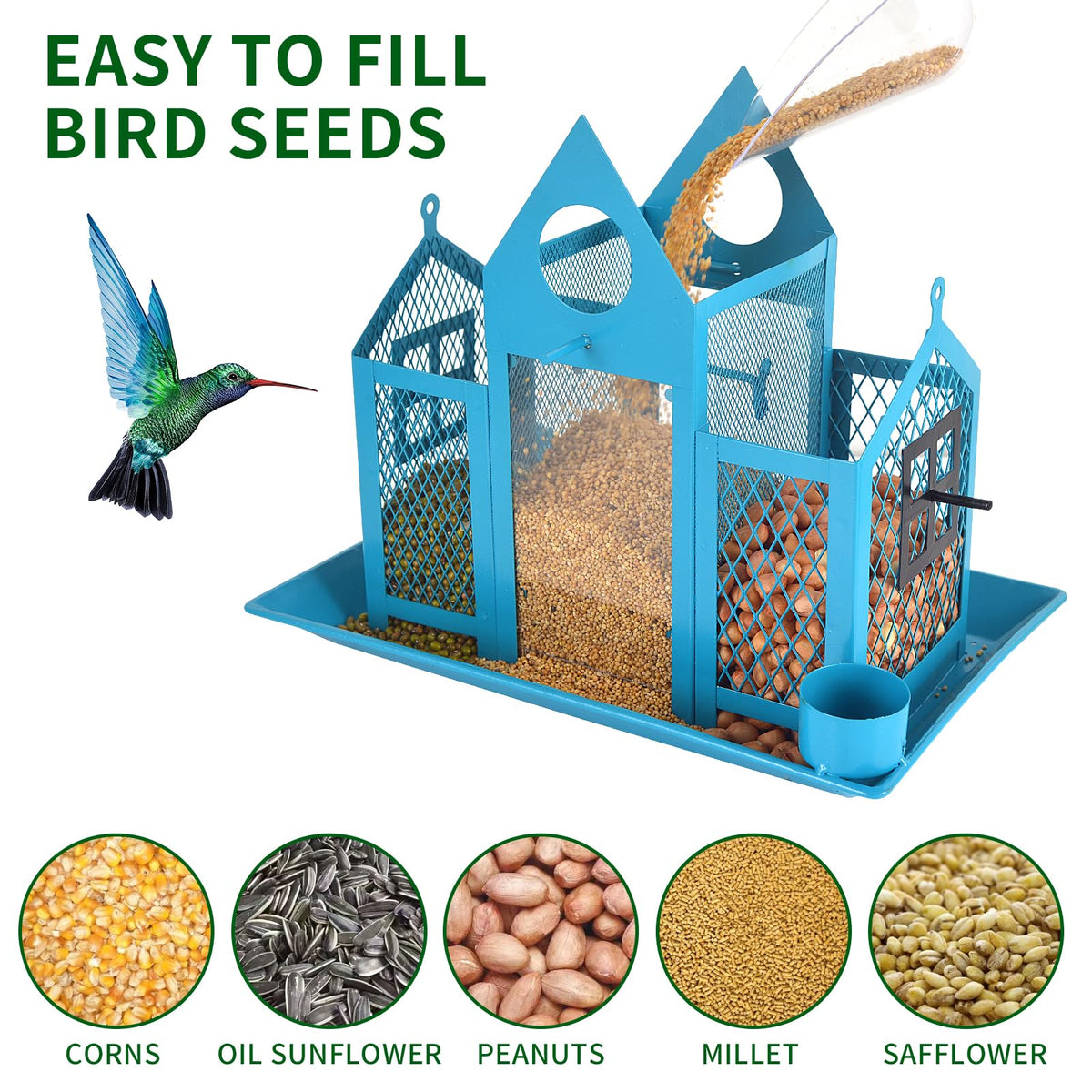 YYWMWM three-compartment design enables separate seed types for birds.