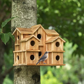 YYYUAN 10-hole cedar bird house front view provides durable outdoor shelter.