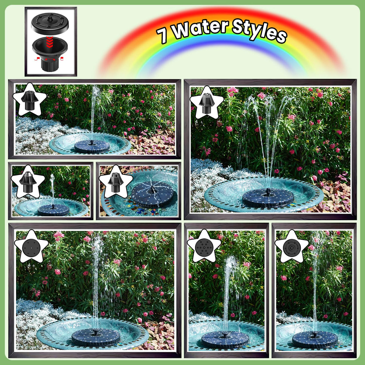 Yzert solar fountain with 4000mAh battery powers hours after sunset.