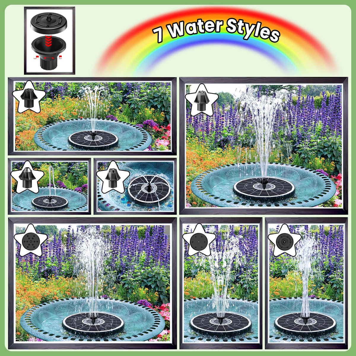 Yzert seven-nozzle configuration creates varied water patterns to attract birds.