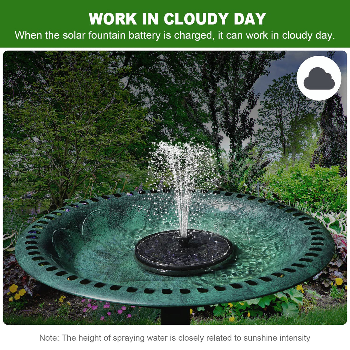Yzert glass-panel solar fountain highlights clear water spray for birdbaths