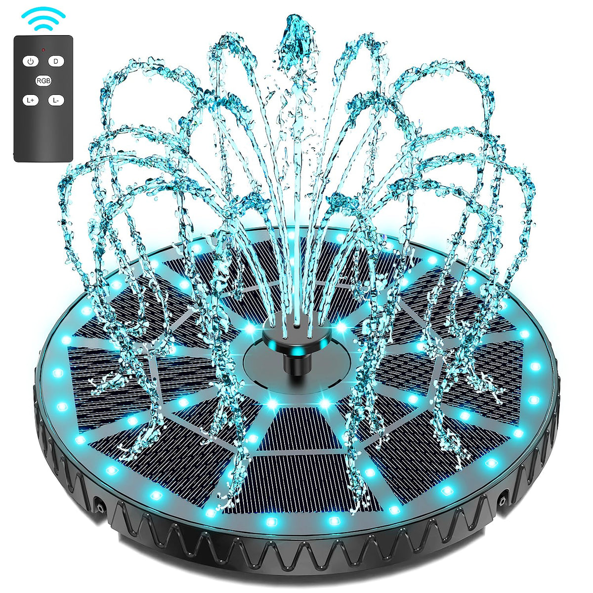 Yzert remote-control solar fountain showing adjustable height for customizable garden water display.