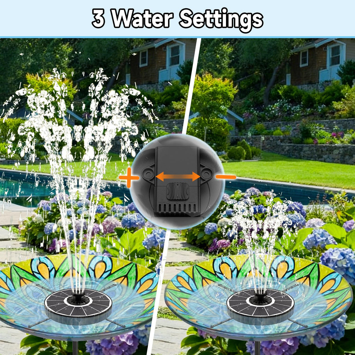 Yzert solar fountain featuring 7 nozzles for varied water patterns.