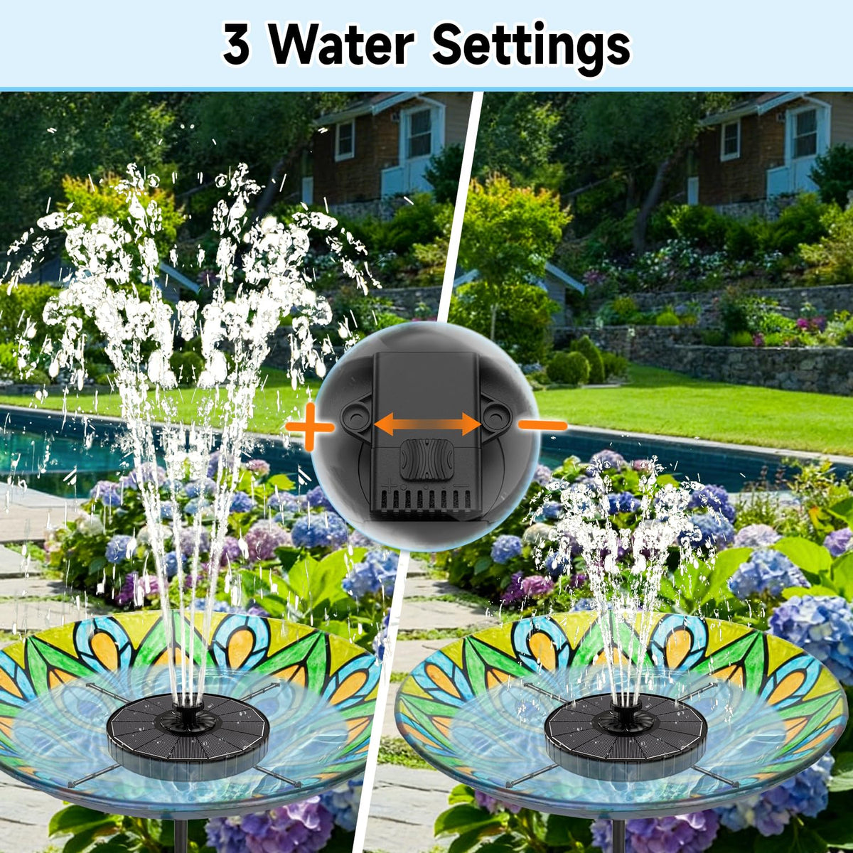 Yzert Solar Fountain features 7 nozzles delivering diverse spray styles for outdoor displays.