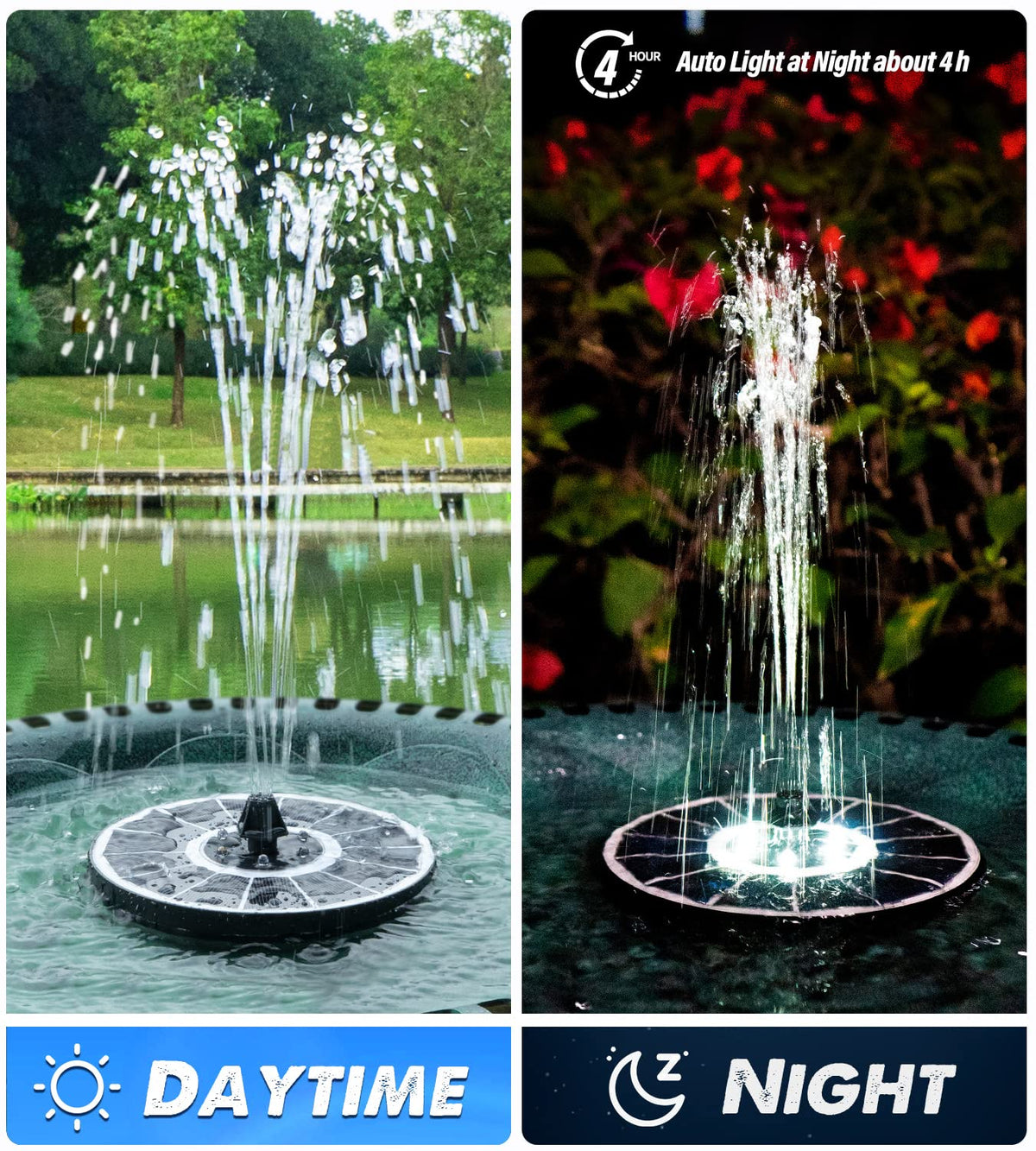 Yzert solar fountain 8-nozzle setup demonstrates varied spray patterns for garden charm