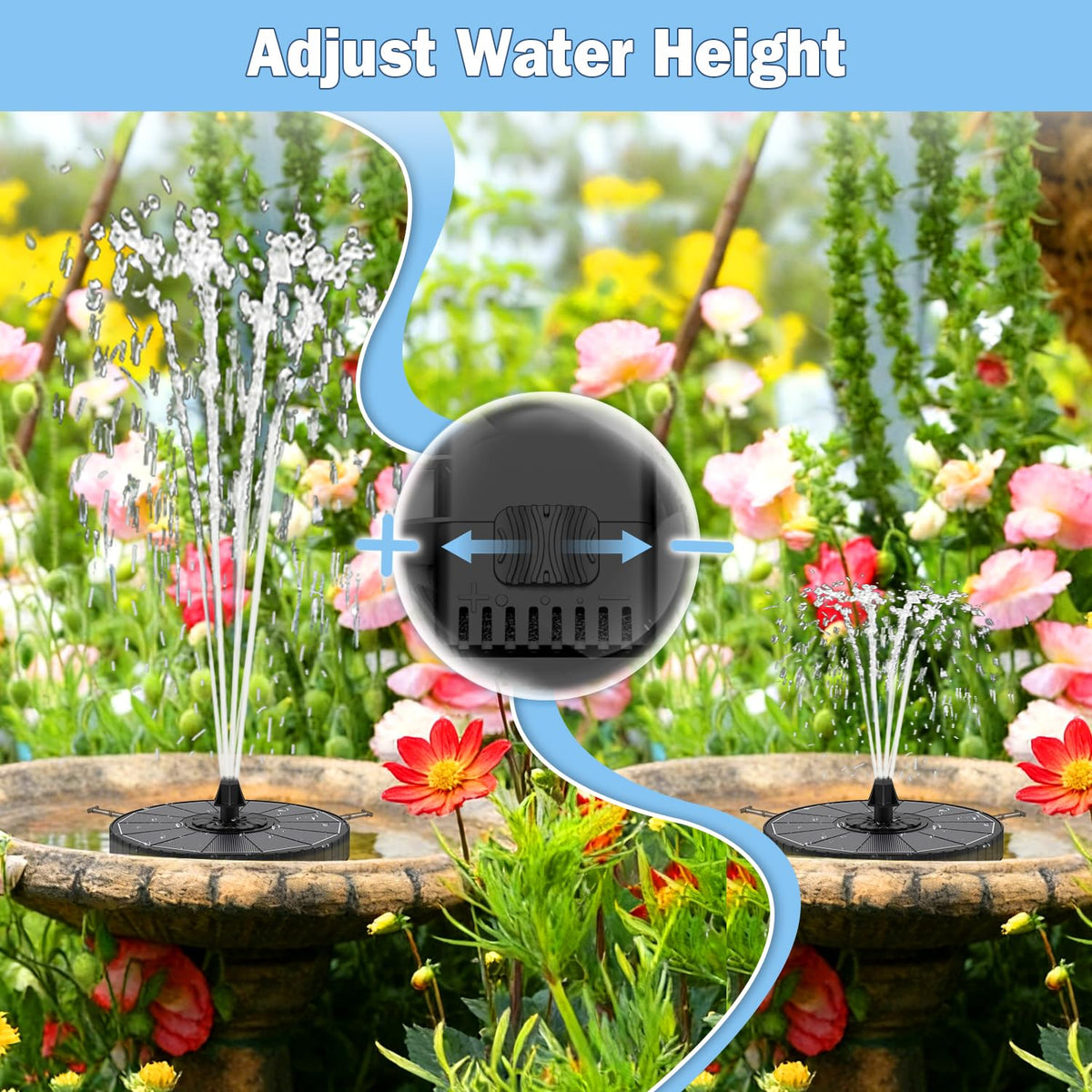 Yzert adjustable-height fountain demonstrates three spray levels for varying light