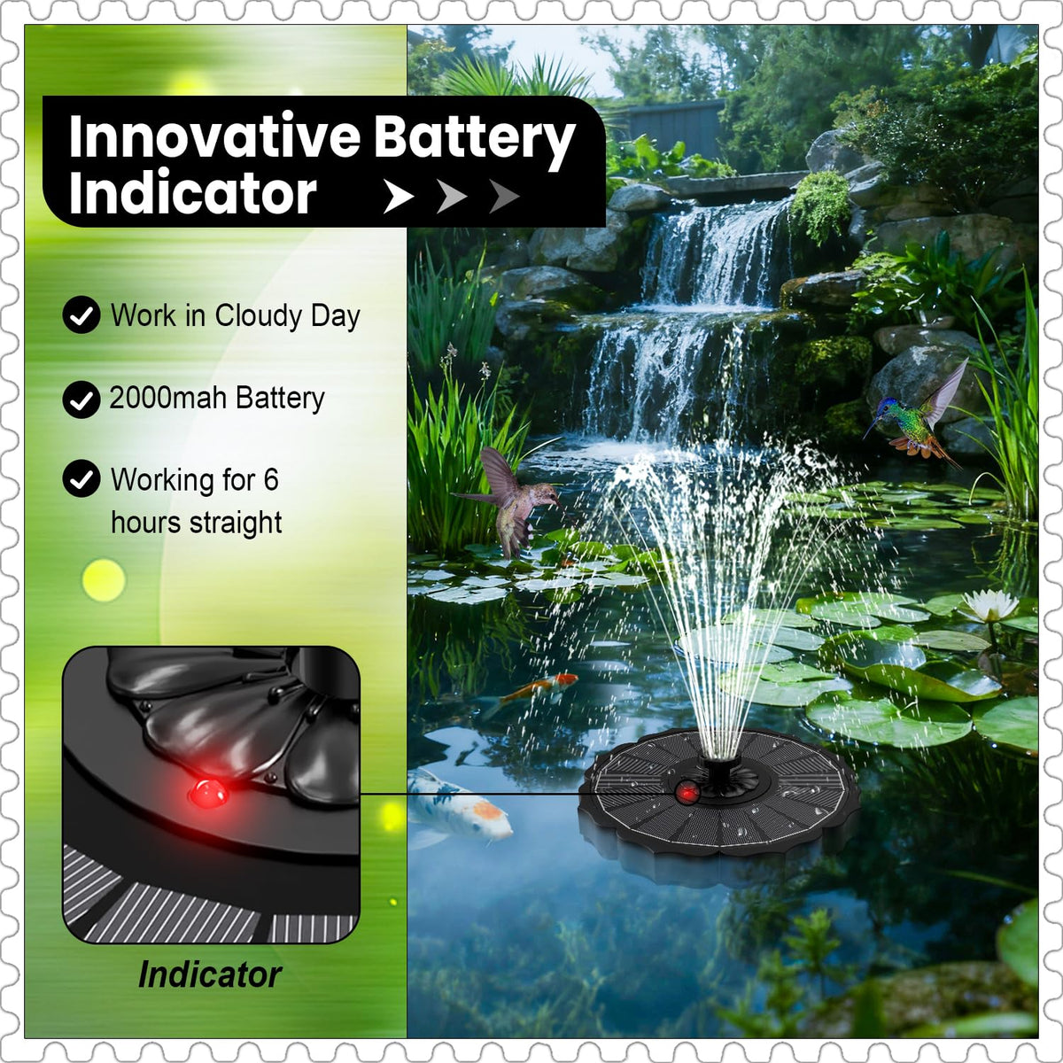Yzert solar fountain anti-drift design with fixed rods keeps spray contained in the birdbath.