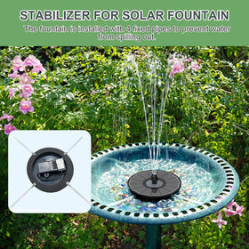 Yzert Solar Fountain anti-drift system keeps water in the bird bath with reduced splashes.