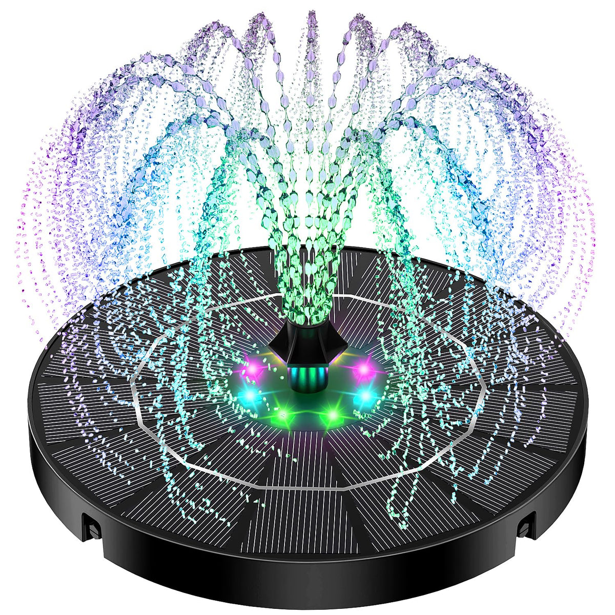 Yzert solar fountain in a bird bath with color-changing lights for evening ambiance