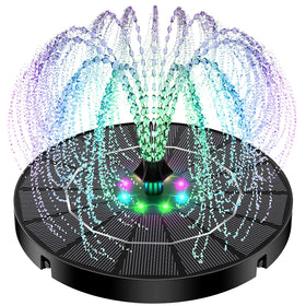 Yzert solar fountain in a bird bath with color-changing lights for evening ambiance