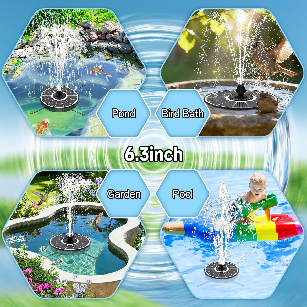 Yzert solar fountain suited for bird baths, ponds, and gardens.