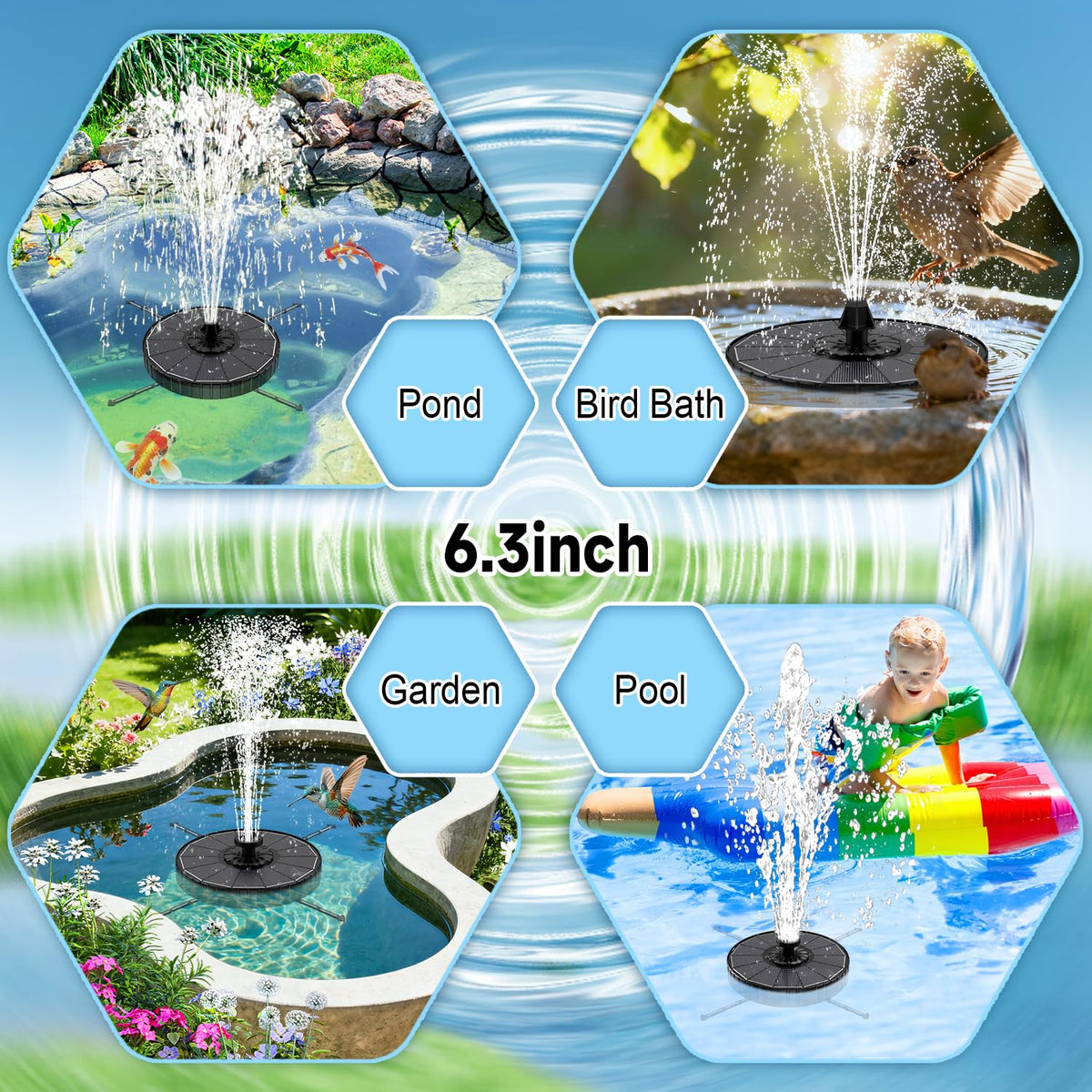 Yzert Solar Fountain in a black finish complements outdoor decor and patios.