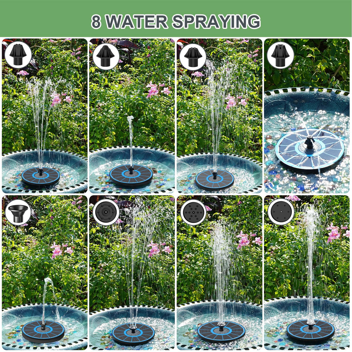 Yzert solar fountain blue bird-bath setup enhances outdoor ambiance with gentle water movement.