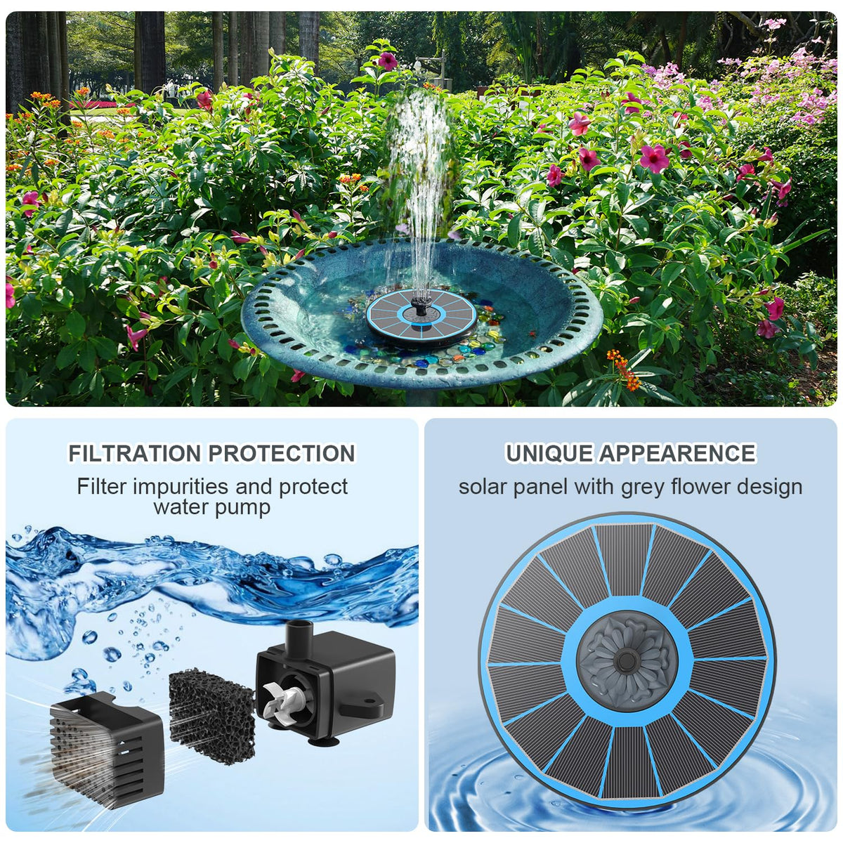Yzert solar fountain blue interchangeable nozzles spark creative spray patterns attracting birds.