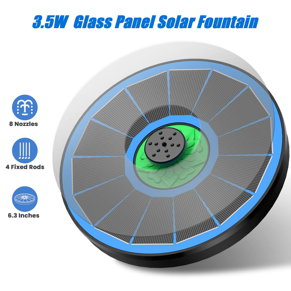 Yzert solar fountain fixed rods keep spray steady around the basin.