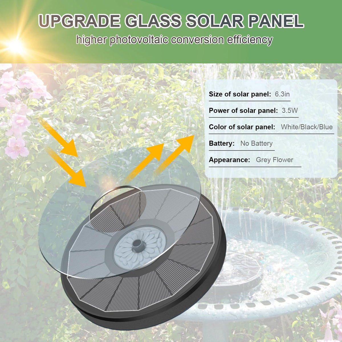 Yzert Solar Fountain flower design adds garden elegance and invites birds to bathe.