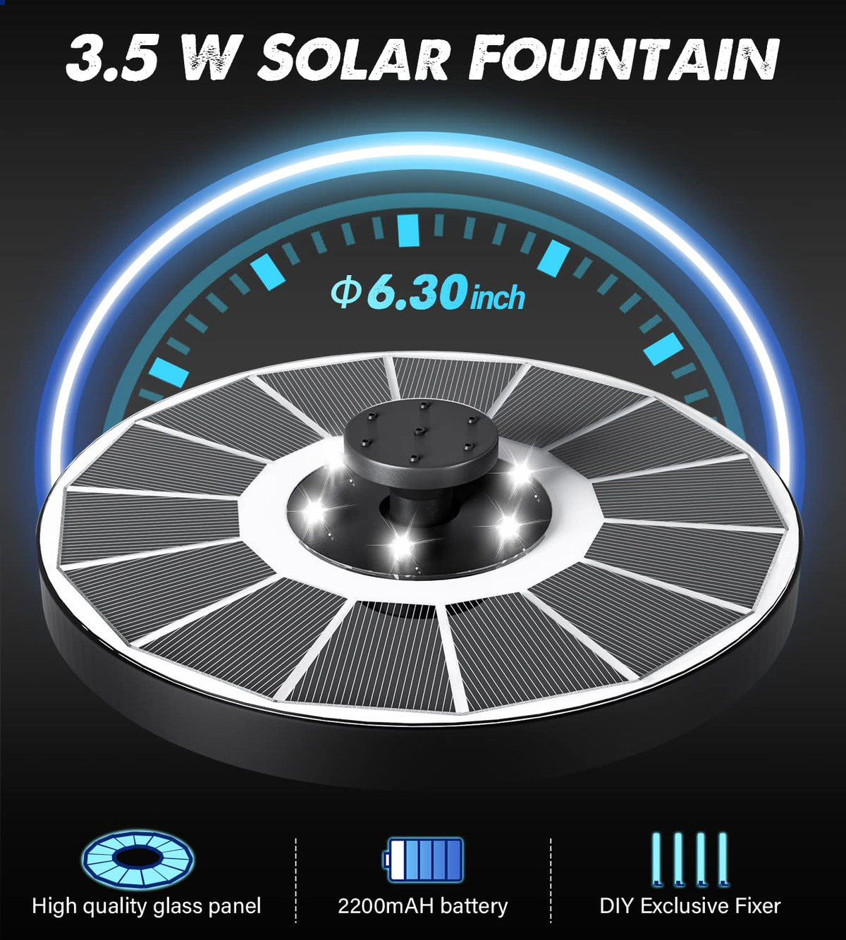 Yzert solar fountain four fixed rods stabilize placement around the pond