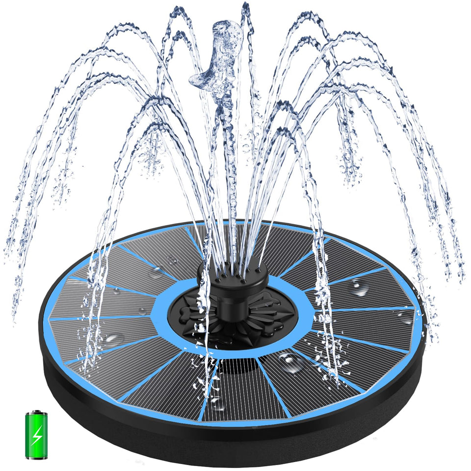 Yzert solar fountain with glass panel in a blue birdbath for a clear, sparkling water display.