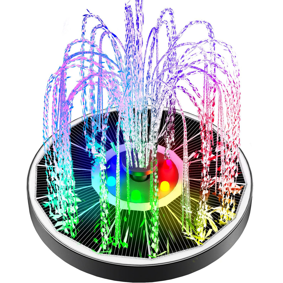 Yzert solar fountain glass panel with colorful LEDs for nighttime garden illumination.