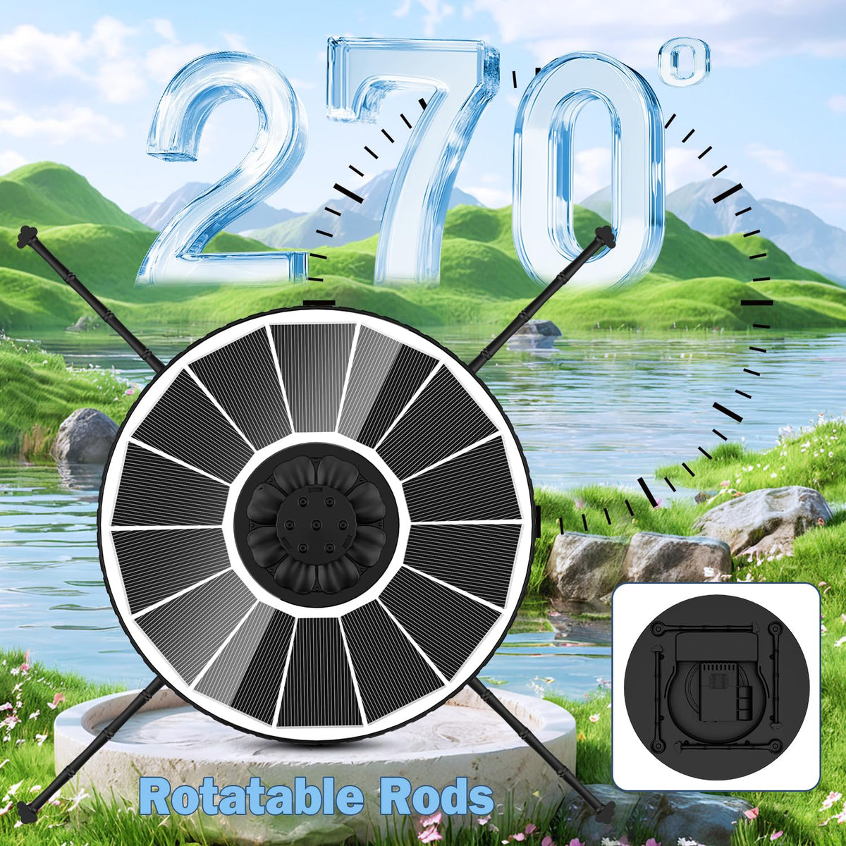 Yzert Solar Fountain glass panel design enhances durability for outdoors.