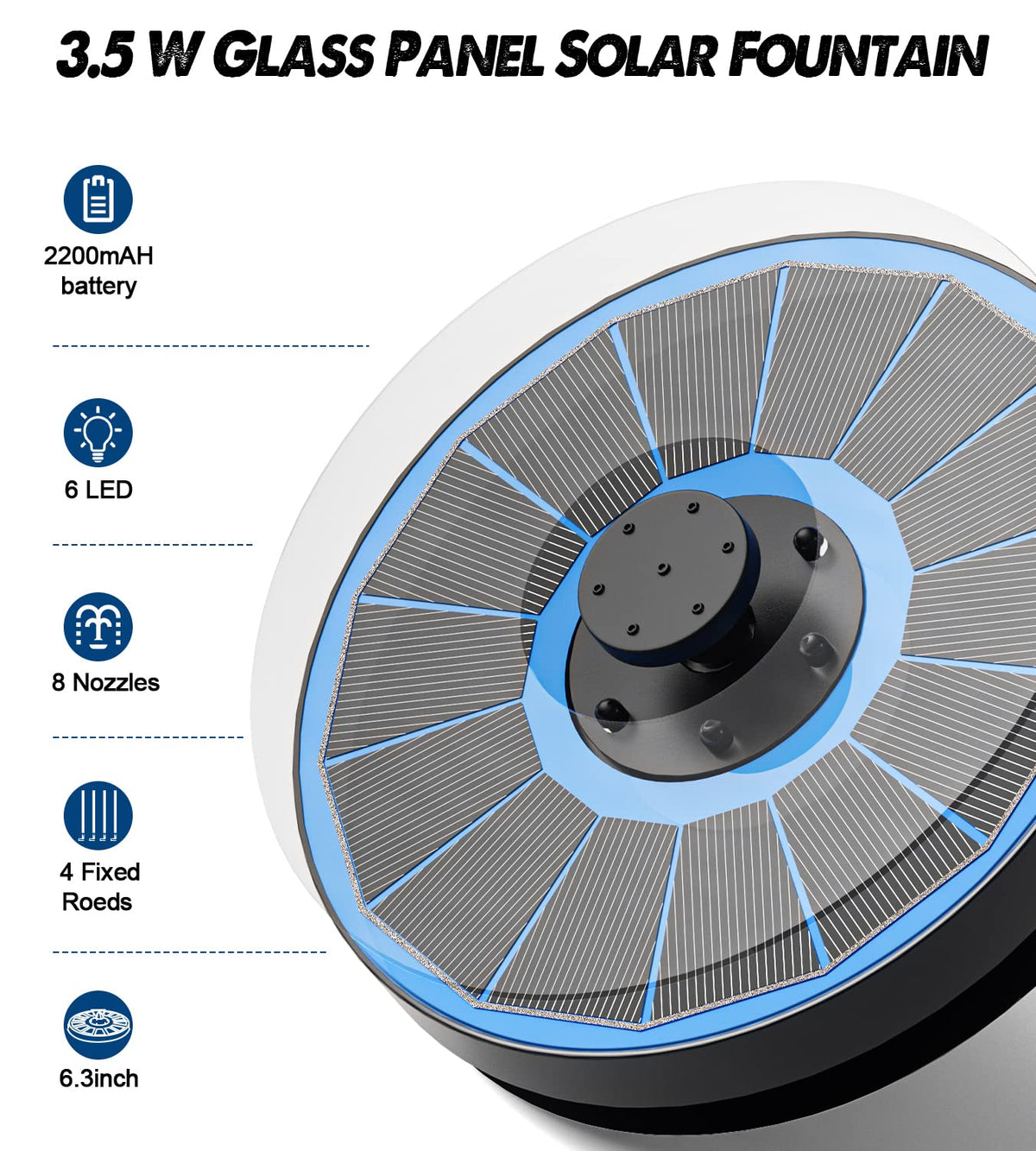 Yzert solar fountain LED lights illuminating nighttime water spray