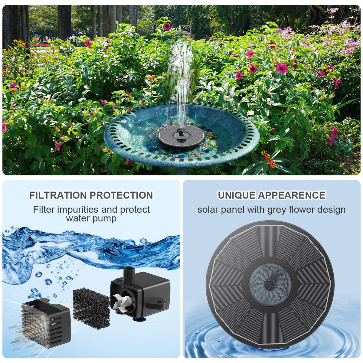 Yzert Solar Fountain nozzle collection offers versatile spray patterns for various basins.